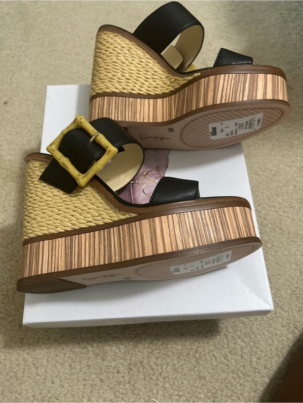 Jessica Simpson Black and Natural Woven Wedge Sandal with Yellow Buckle
